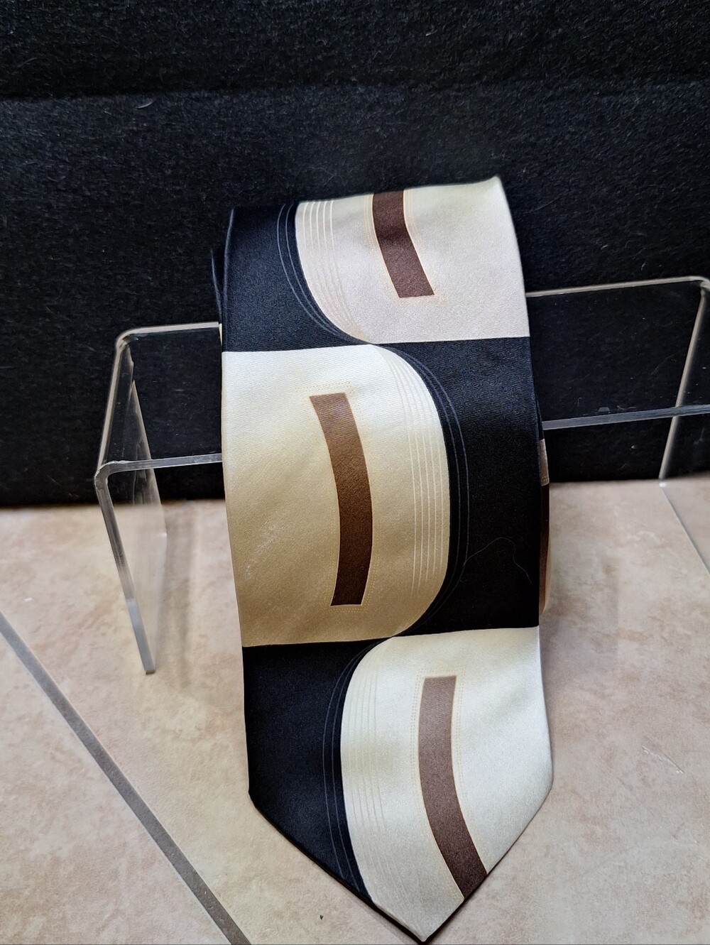 Gasparo Silk Tie Abstract Brown Cream Designer Retro 90s X-Long Necktie